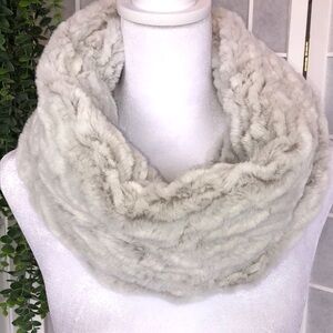 Sprigs Faux Bunny Fur Infinity Scarf in white with taupe offsets. New Condition.